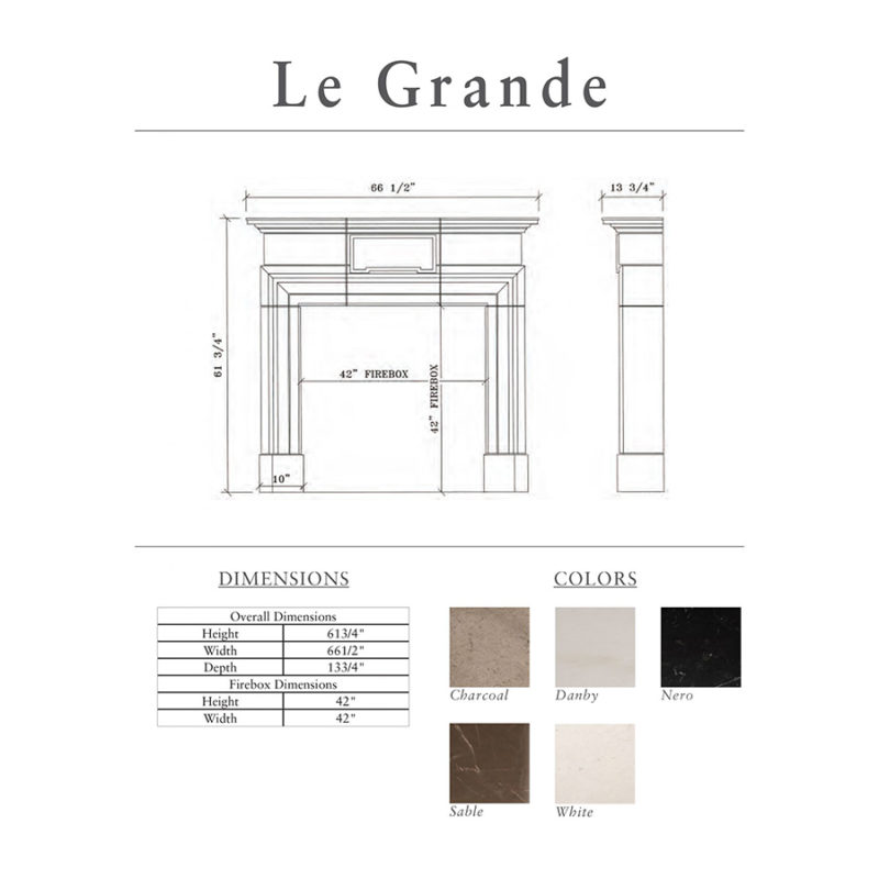Le Grande Fireplace surround line drawings and dimensions