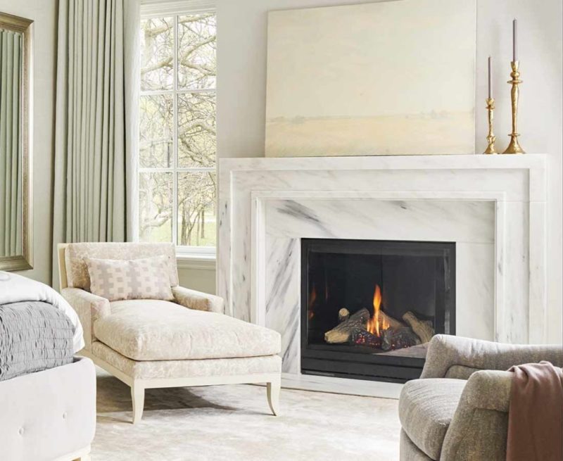 McGaha stone fireplace surround in white danby marble